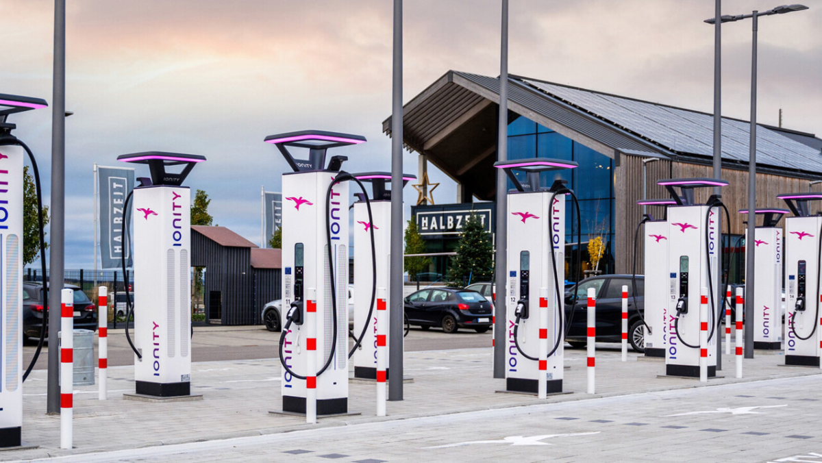Row of Ionity electric car chargers symbolizing EV infrastructure growth