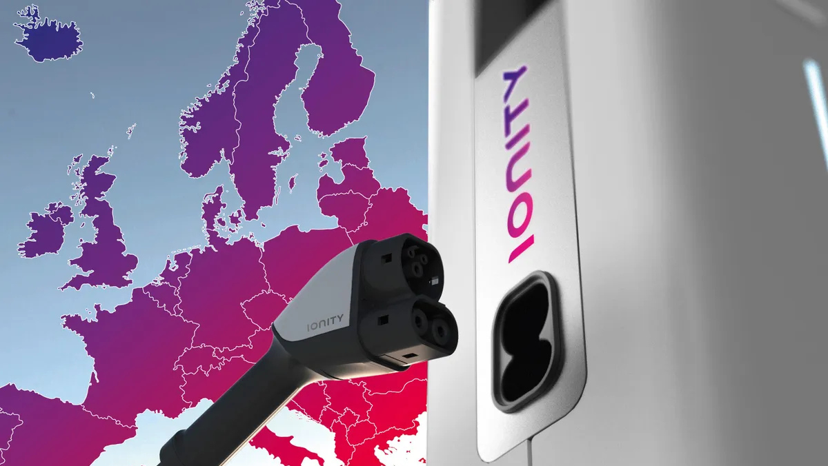 EV charging connector and station shown beside a color-coded map of Europe.