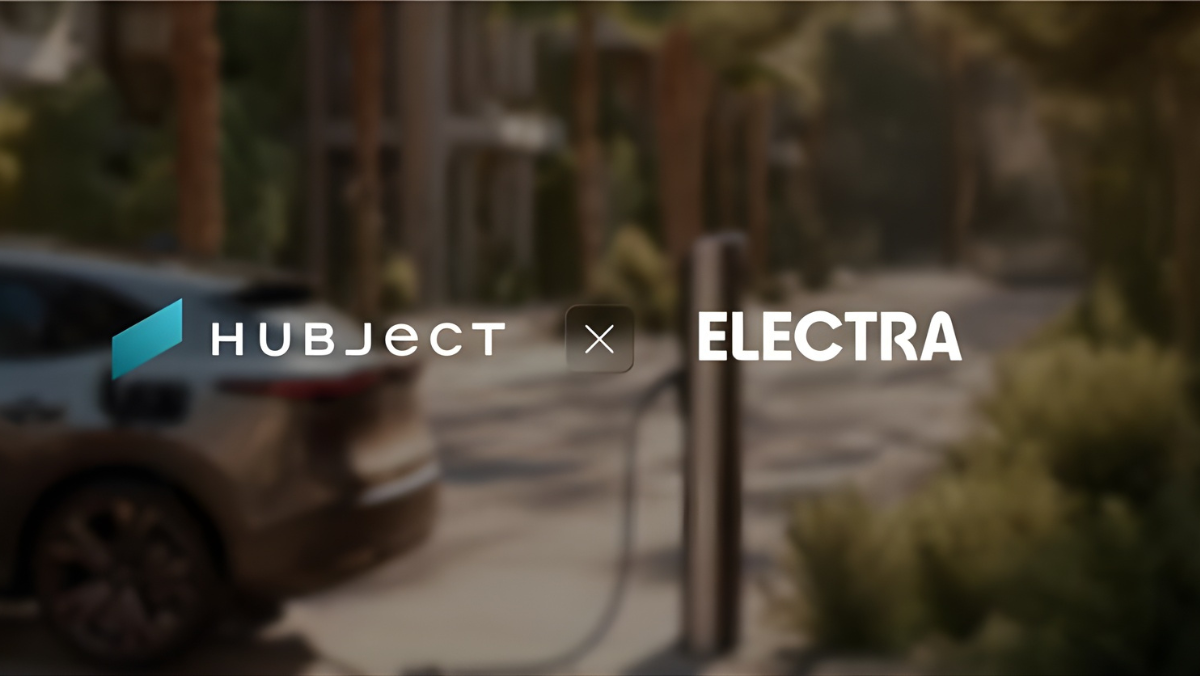 Hubject and Electra logos displayed over blurred electric vehicle charging scene