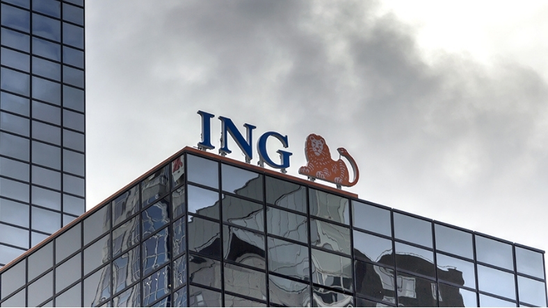 ING logo displayed on the exterior of a modern office building