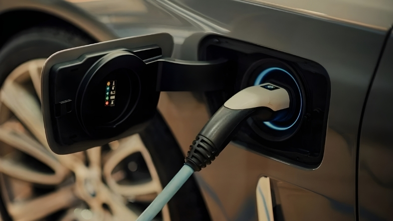 Electric vehicle charging cable connected to an EV charging port